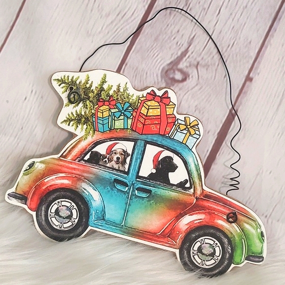 Wooden Rainbow Car Dogs Christmas Tree Labrador Collie Holiday Hanging Decor - Picture 2 of 10